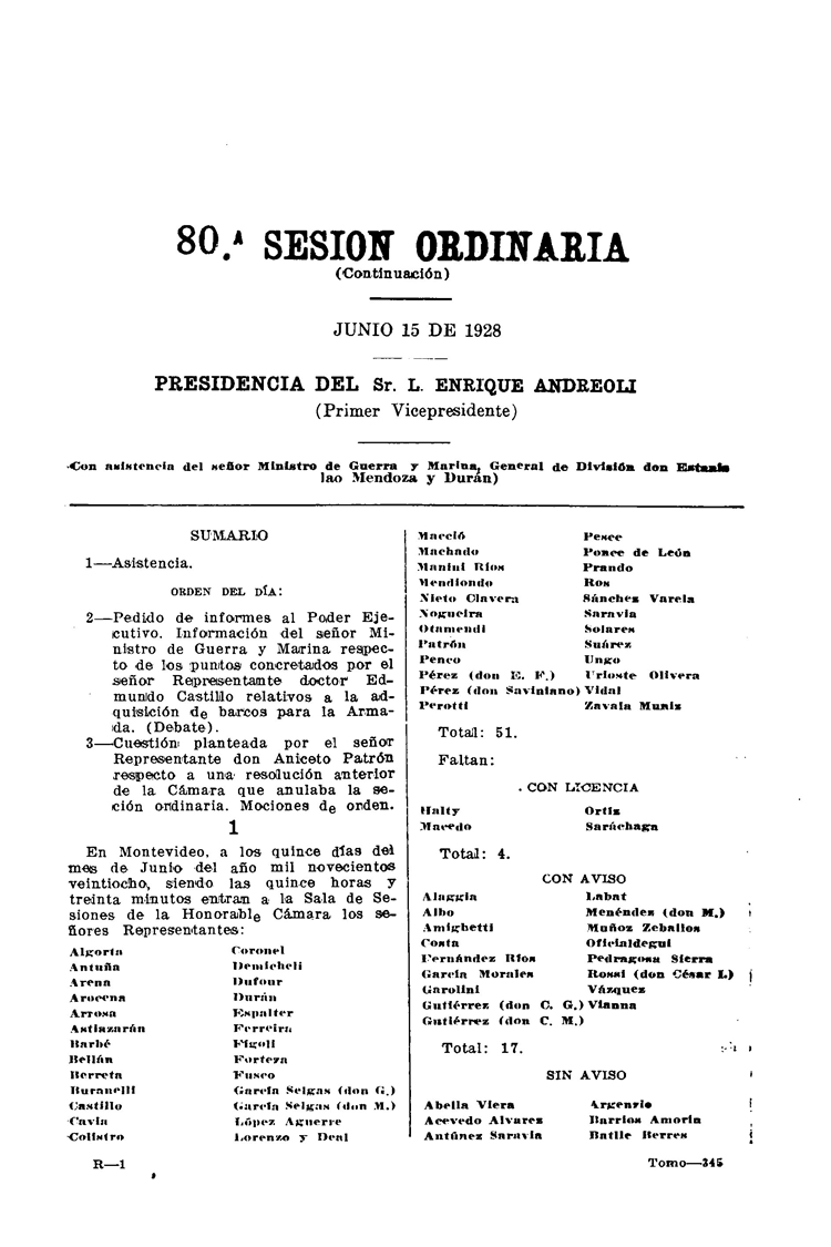 DIARIO DE SESIONES DE LA CAMARA DE REPRESENTANTES del 15/06/1928